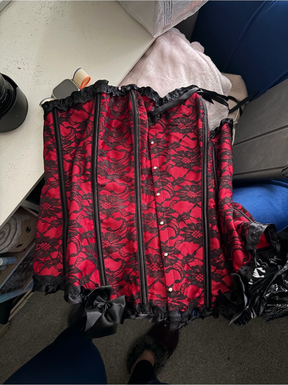 Red and Black Lace Corset with Satin Trim